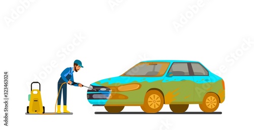 Cool vector flat illustration on dirty and clean car. Car wash stages process from dirty to clean. Dirt, foam covered and shining clean car isolated. Car wash creative design elements