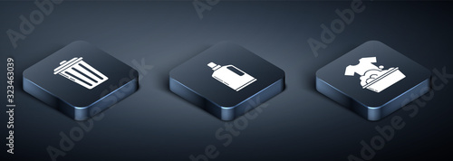 Set Isometric Trash can , Plastic basin with soap suds  and Plastic bottles for liquid dishwashing liquid icon. Vector