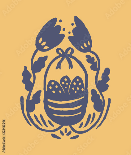 Easter postcard illustration in folk vintage style. Handmade cute painting of a traditional easter egg basket with spring florals and a wreath. For greeting cards, templates, banners and other designs