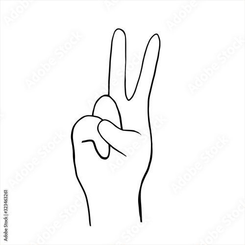 Two fingers up. A symbol of peace. Vector linear illustration of a hand.