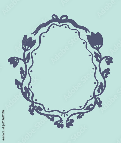 Easter postcard illustration in folk vintage style. Handmade cute painting of a traditional easter egg with spring florals and a wreath frame. For greeting cards, templates, banners and other designs