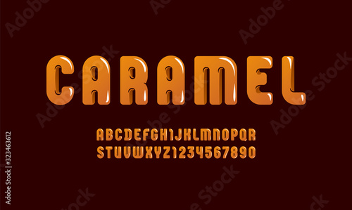 Caramel glossy font, trendy alphabet in the cartoon style, tasty rounded letters from A to Z and numbers from 0 to 9 for you designs, vector illustration 10EPS
