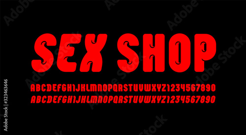 Sexy bold font, trendy beautiful alphabet in the erotic style, modern red letters and numbers for your design, vector illustration