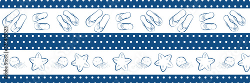 Flip flop shoe seamless vector patttern border. Hand drawn outline style wide stripes and polka dots. Featuring jellyfish and starfish. White and navy blue colors.