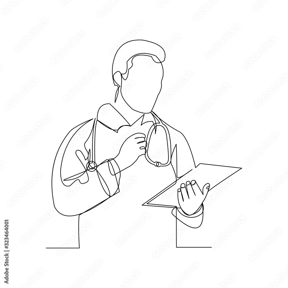 Continuous line drawing of man hospital doctor holding patient paper document. Vector illustration.