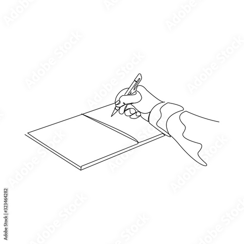 Continuous line drawing of hand writing on book paper with pen. Vector illustration.