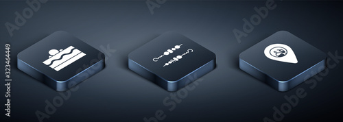 Set Isometric Cake , Alcohol or beer bar location  and Grilled shish kebab icon. Vector