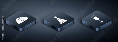Set Isometric Music streaming service , Glass of champagne  and Party hat  icon. Vector
