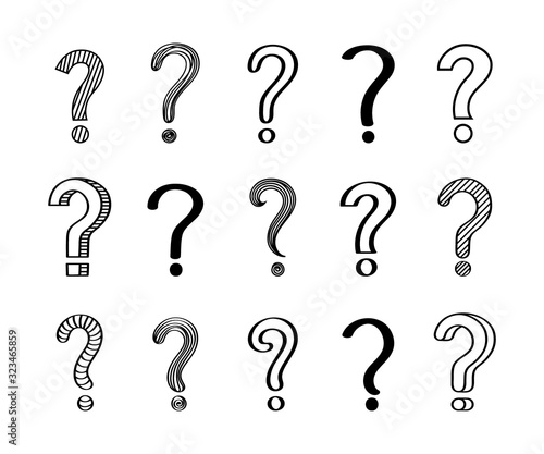 Big set of hand drawn question marks different shape. Flat vector illustration