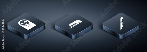 Set Isometric Funny and scary ghost mask, Knife  and Cap with inscription director  icon. Vector