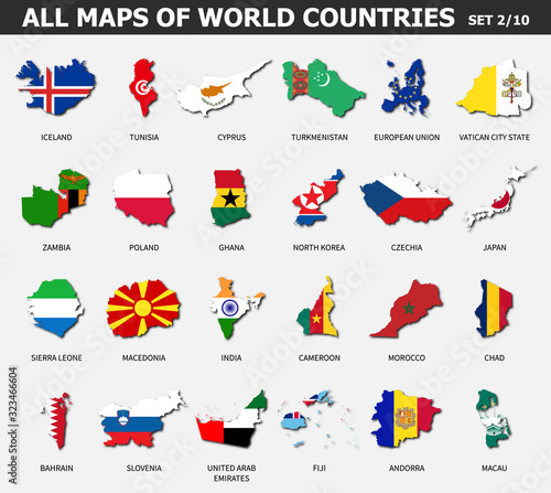 All maps of world countries and flags . Set 2 of 10 . Collection of outline shape of international country map with shadow . Flat design . Vector .