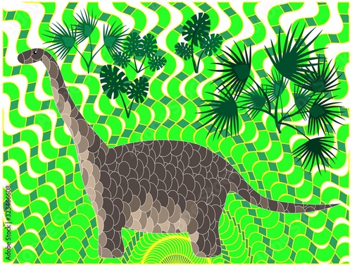 cute Dinosaur grazing in a meadow. Jurassic period. tropical zone. diplodocus. children's colorful poster.