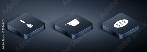 Set Isometric Kitchen whisk , Bread loaf  and Cooking pot  icon. Vector