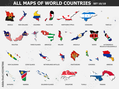 All maps of world countries and flags . Set 10 of 10 ( Complete ) . Collection of outline shape of international country map with shadow . Flat design . Vector .