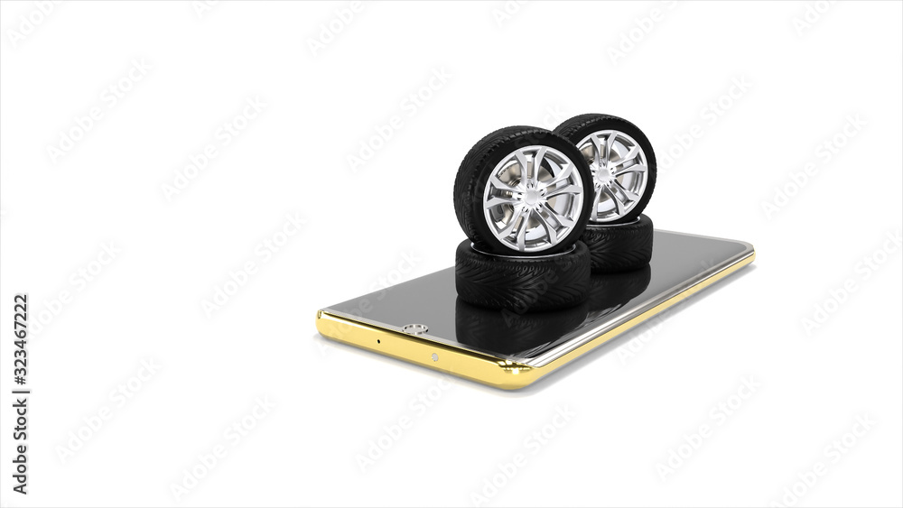 Car wheels placed on the phone screen. Placed separately on a white background. concept art, idea. 3d rendering. Car wheels placed on the phone screen. Placed separately on a white background. concept art, idea. 3d rendering.