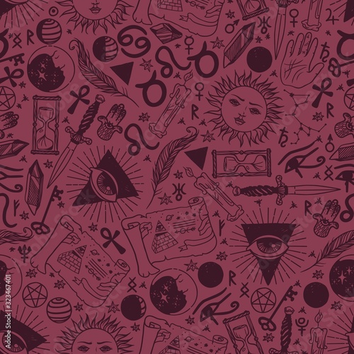 Esoteric astronomy symbols in seamless pattern, vector illustration. Hand drawn icons, isolated graphic signs of zodiac, destiny prediction symbols. Astrology and alchemy, magic signs and runes