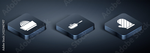 Set Isometric Citrus fruit juicer , Oven glove  and Frying pan  icon. Vector