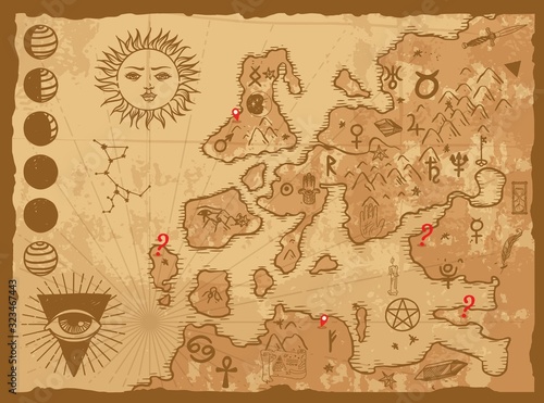 Old map of fantasy world marked with astrology signs, vector illustration. Vintage style map of continents, islands and oceans. Unknown lands, expedition plan, discover territory, old world navigation