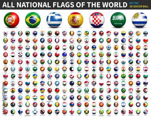 All national flags of the world . 3D Soccer ball or football design . Vector .