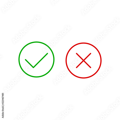 Checkmark icons set. Tick and cross sign. Green check mark and red X cross icon isolated on white background. Simple marks graphic flat design. Circle shape YES and NO button. Vector illustration.