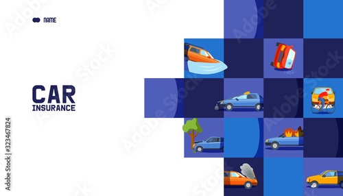 Car accident insurance company brochure cover vector illustration. Template for automobile service agency booklet. Different auto transport damage and road disaster risk images. Cartoon style cars.