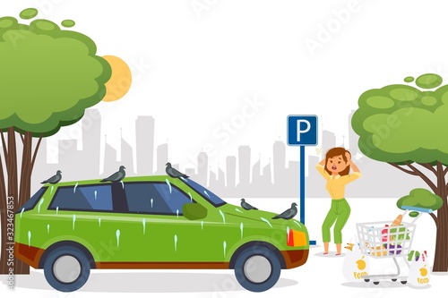Car covered with pigeon droppings and woman cartoon character who is upset with this problem situation vector illustration. Girl near messy automobile on the parking. Bird poop on the dirty car.