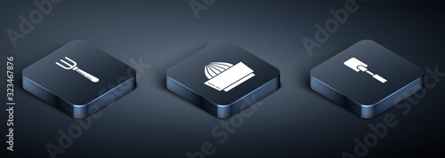 Set Isometric Fork , Spatula  and Citrus fruit juicer  icon. Vector