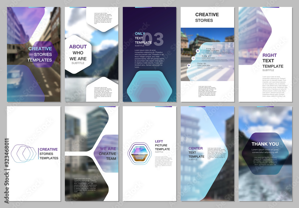 Creative social networks stories design, vertical banner or flyer templates with hexagonal design purple color pattern background. Covers design templates for flyer, leaflet, brochure, presentation.