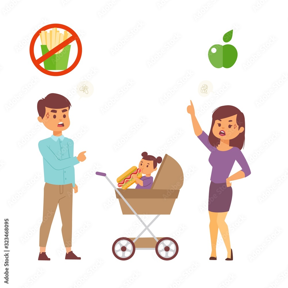 Parents have a fight about healthy and junk food meal near child in carriage eating unhealthy hot dog vector illustration. Confused man and woman cartoon characters discuss nutrition choice for kid. Parents have a fight about healthy and junk food meal near child in carriage eating unhealthy hot dog vector illustration. Confused man and woman cartoon characters discuss nutrition choice for kid.