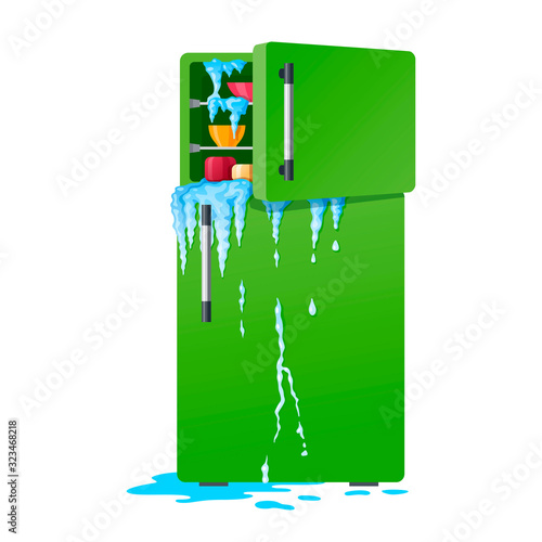 Broken refrigerator illustration, damaged fridge with leakage