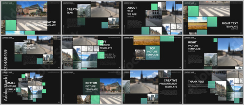 Presentation design vector template, multipurpose template for presentation slide, flyer, brochure cover design, infographic. Geometric green color abstract background with photo, consisting of square