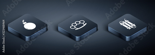 Set Isometric Bomb ready to explode , Detonate dynamite bomb stick and Brass knuckles  icon. Vector