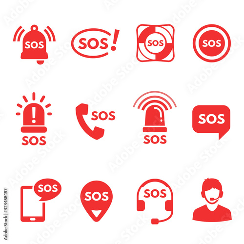 Collection of red flat SOS icons or symbols