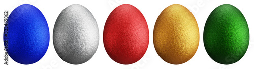 Glittering eggs for Easter Day. Lined up with different colors and patterns.red, green, gold, blue and silver on white background.3D rendering.There is a clipping path.