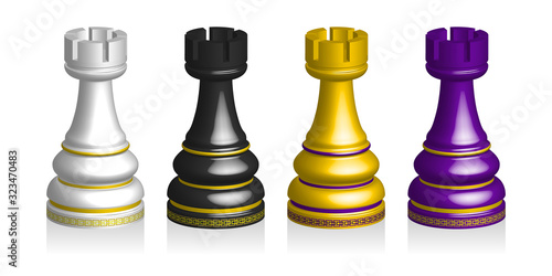 3D four multicolored chess pieces rook with patterns