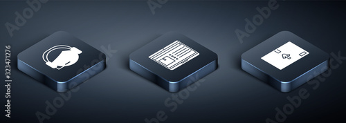 Set Isometric Support operator in touch, Cardboard box with traffic symbol  and Laptop with app delivery tracking  icon. Vector