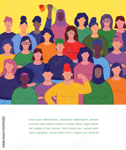 International women's day. Group of women's with different nationalities and cultures. Women's day concept. Vector