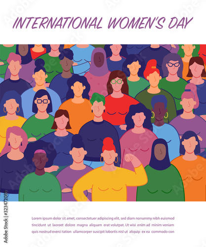 International women's day. Group of women's with different nationalities and cultures. Women's day concept. Vector