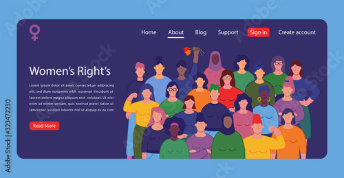 International women's day. Group of womens with different nationalities and cultures. Website concept template. Vector
