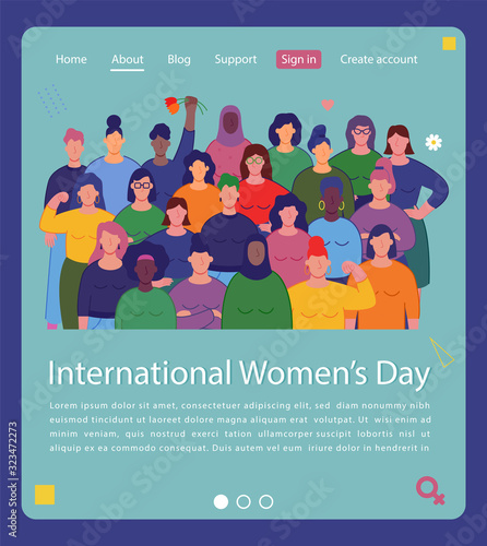 International women's day. Group of womens with different nationalities and cultures. Website concept template. Vector