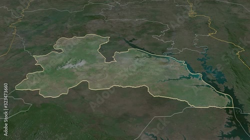 Bono East, region with its capital, zoomed and extruded on the satellite map of Ghana in the conformal Stereographic projection. Animation 3D photo