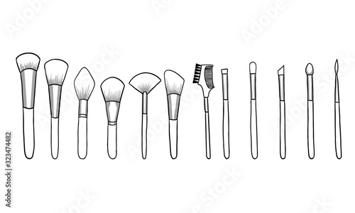 Set of different vector linear brushes. Clean professional make-up concealer powder blush eyeshadow brush with black handles isolated on a white background in doodle style.