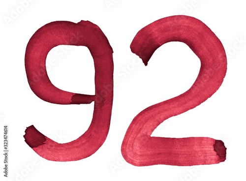 Watercolor numbers, hand-drawn by brush. Burgundy vintage symbol. Template for greetings, design, postcards, decoration.