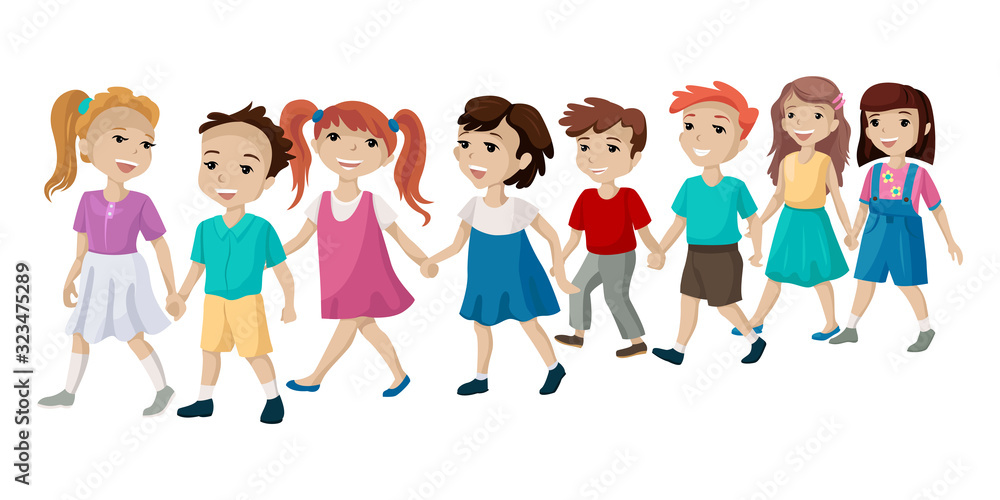 The group of children holding hands and cross the road. Vector illustration The group of children holding hands and cross the road. Vector illustration