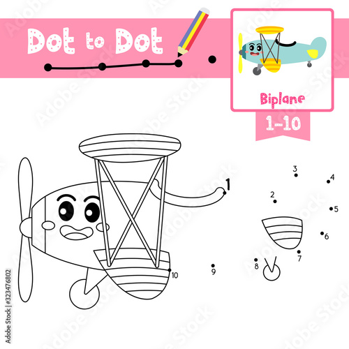 Dot to dot educational game and Coloring book Biplane cartoon character side view vector illustration