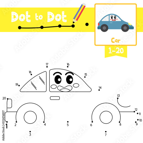 Dot to dot educational game and Coloring book Car cartoon character side view vector illustration