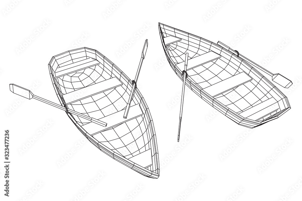 Rowing boat with paddles. Wireframe low poly mesh vector illustration Rowing boat with paddles. Wireframe low poly mesh vector illustration
