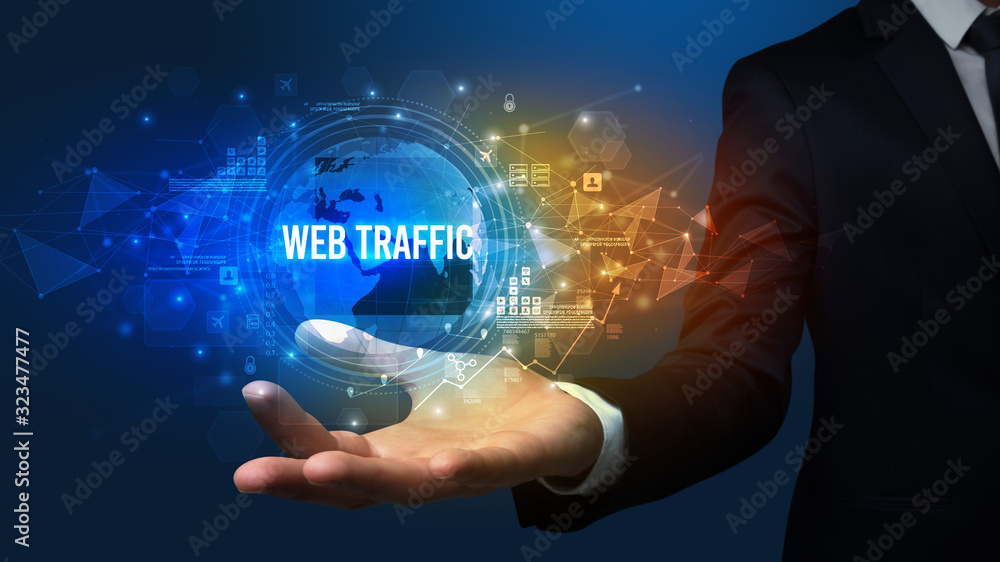 Elegant hand holding WEB TRAFFIC inscription, digital technology concept Elegant hand holding WEB TRAFFIC inscription, digital technology concept