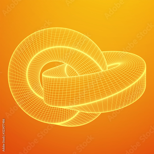 Mobius strip ring knot sacred geometry. Spatial figure with upturned surfaces. Optical illusion with dual circular contour. Wireframe low poly mesh vector illustration.