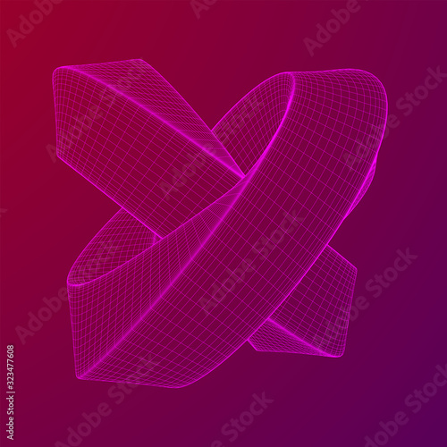 Mobius strip ring knot sacred geometry. Spatial figure with upturned surfaces. Optical illusion with dual circular contour. Wireframe low poly mesh vector illustration.
